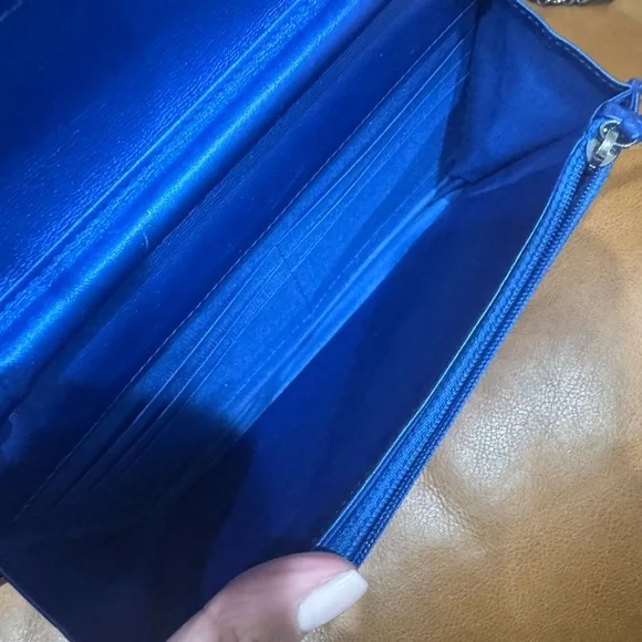 CHANEL Metallic Patent Quilted Boy Wallet On Chain WOC Blue - Picture 7 of 7